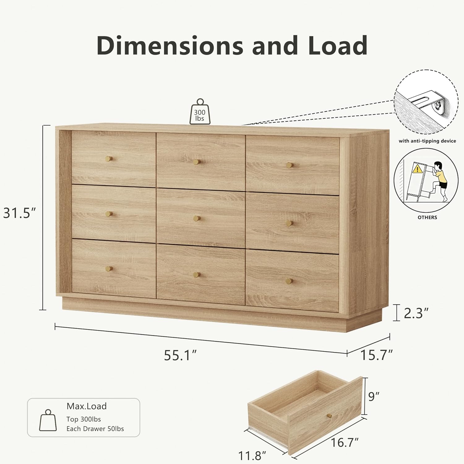 9 Drawer Dresser, Mid Century Modern Dresser with Storage, 55" Wide Chest of Drawers with Wood Grain Texture, Dressers TV Stand for Bedroom, Living Room, Hallway, White Oak