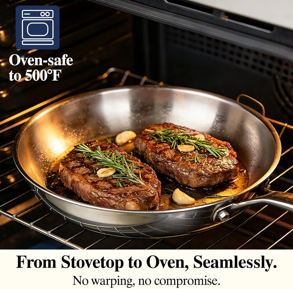 Stainless Steel Frying Pan Set with Lid, Umite Chef 3Pcs Skillet Set (Includes 8",10",12") - 5 Ply Stainless Clad - Heavy Duty & Professional Cookware Set, Fast & Even Heat, Dishwasher and Oven Safe