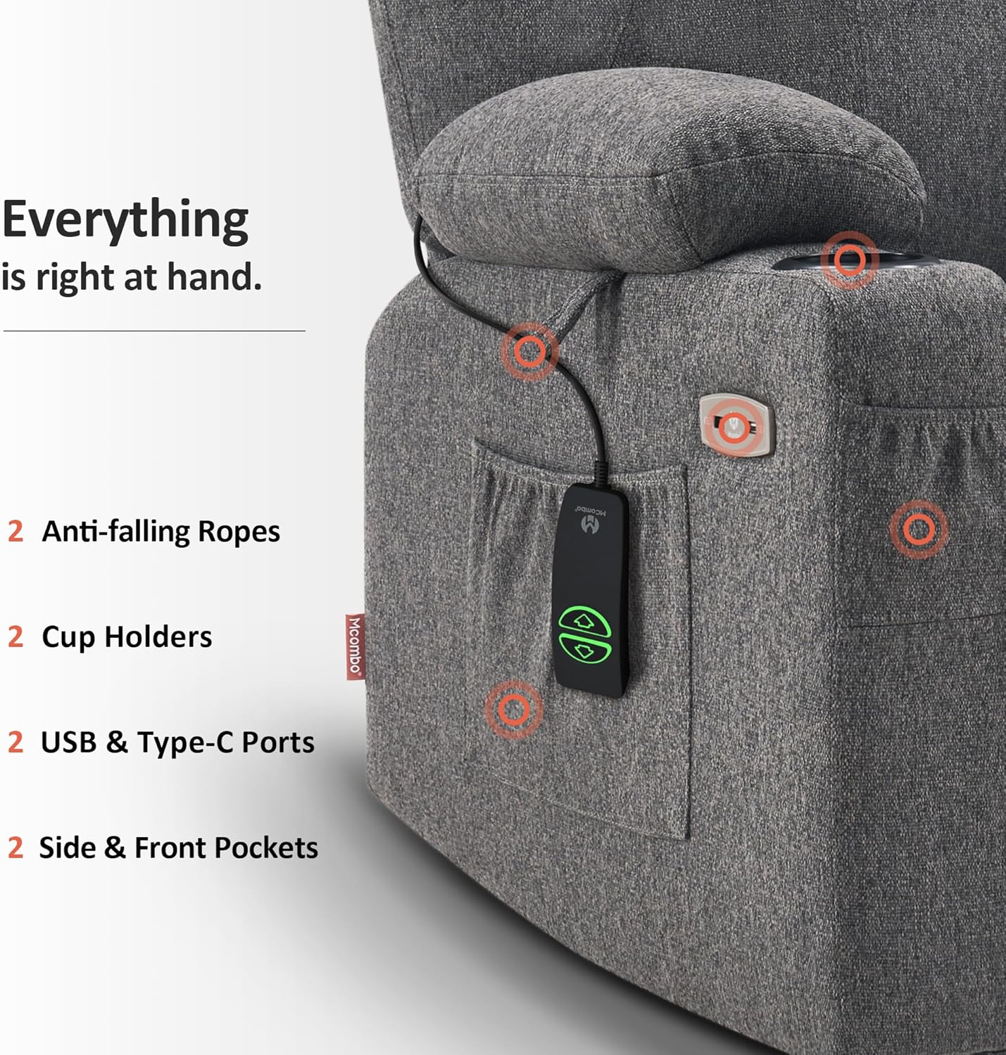 MCombo Power Lift Recliner Chair for Elderly, Lift Chair with Heat and Massage, FSC Certified, USB&Type C Ports, Cup Holders, Fabric 7040 (Medium, Gray)