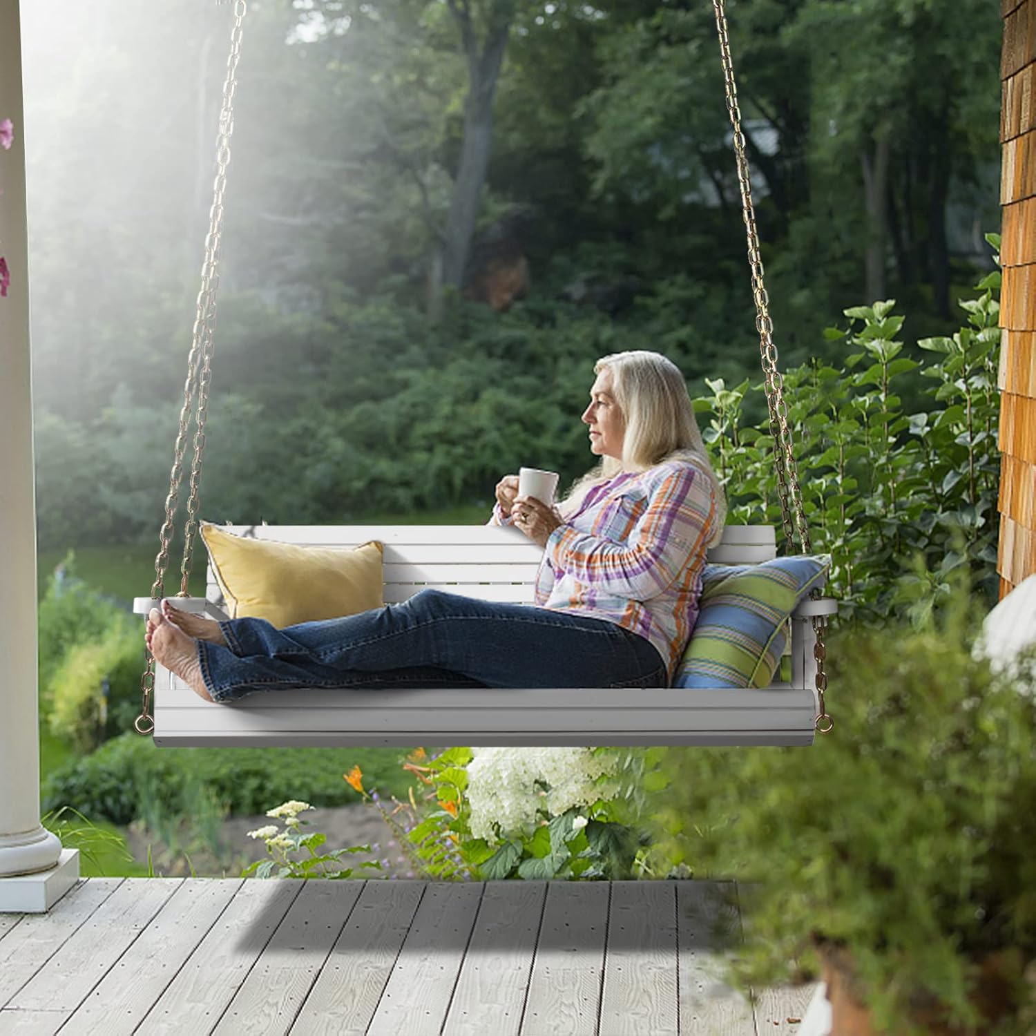 VINGLI Upgraded Patio Wooden Porch Swing for Courtyard & Garden, Heavy Duty 880 LBS Swing Chair Bench with Hanging Chains for Outdoors (5 FT, White)