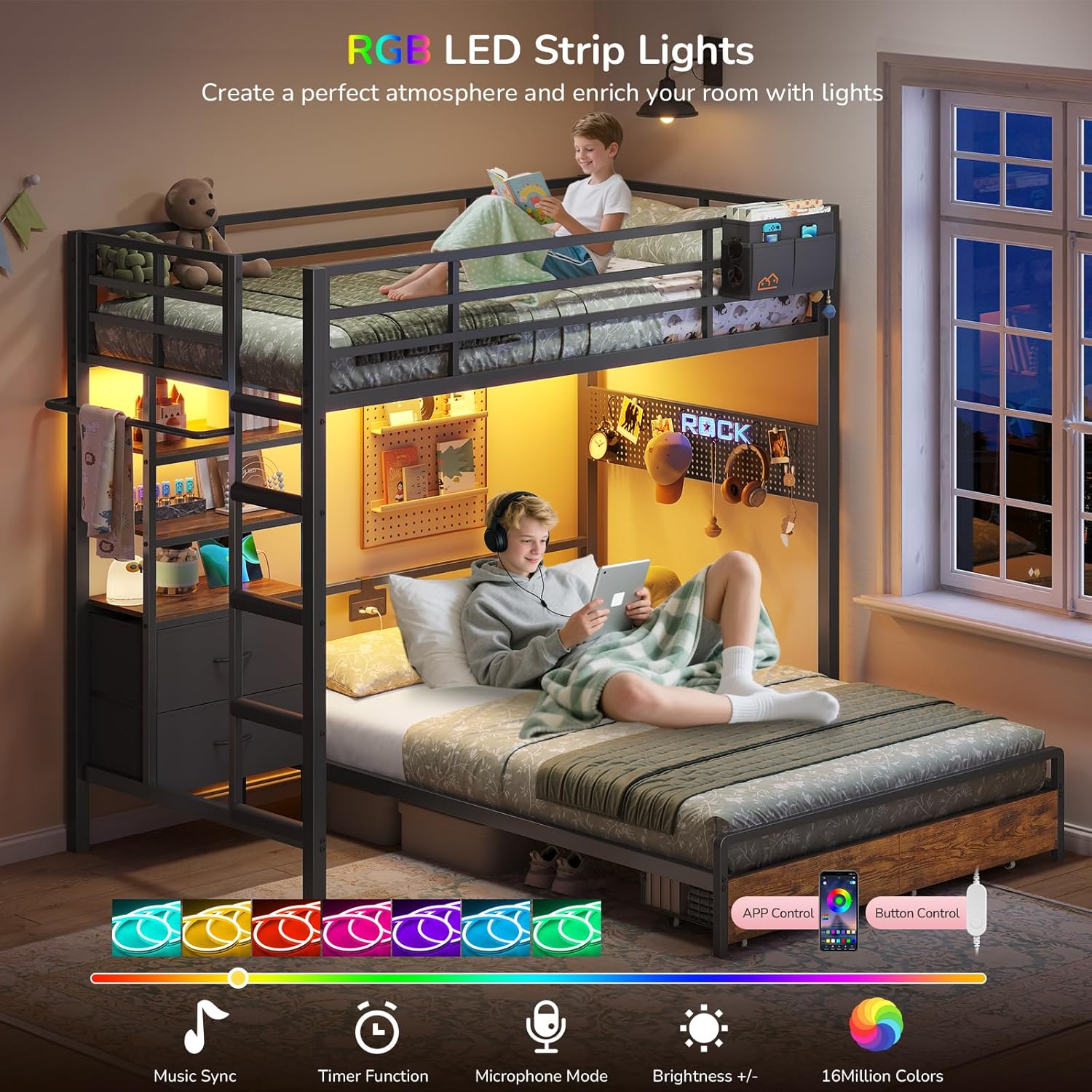 Twin Over Full Size Bunk Bed with 4 Storage Drawers and Bookshelf, Metal Bunk Beds with LED Lights, Charging Station, Loft Bunk Bed with Pegboard, Safety Guardrail and Ladders, for Kids, Teens, Adults
