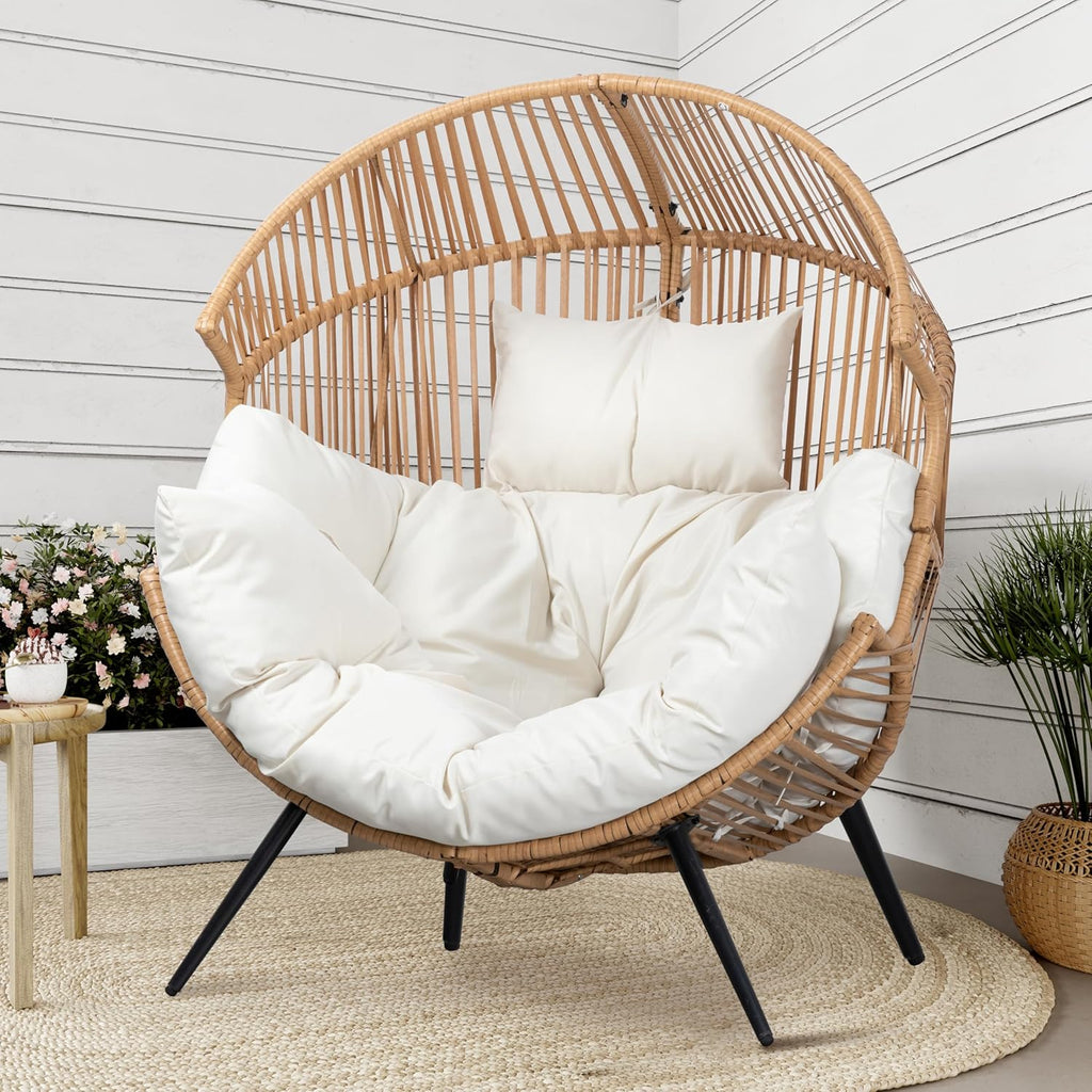Shintenchi Wicker Egg Chair Outdoor Rattan Patio Chair with Cushion Oversized Patio Lounge Chairs with Cushion Egg Basket Chair  Egg Seat for Indoor Living Room Bedroom Outside Patio Backyard Balcony