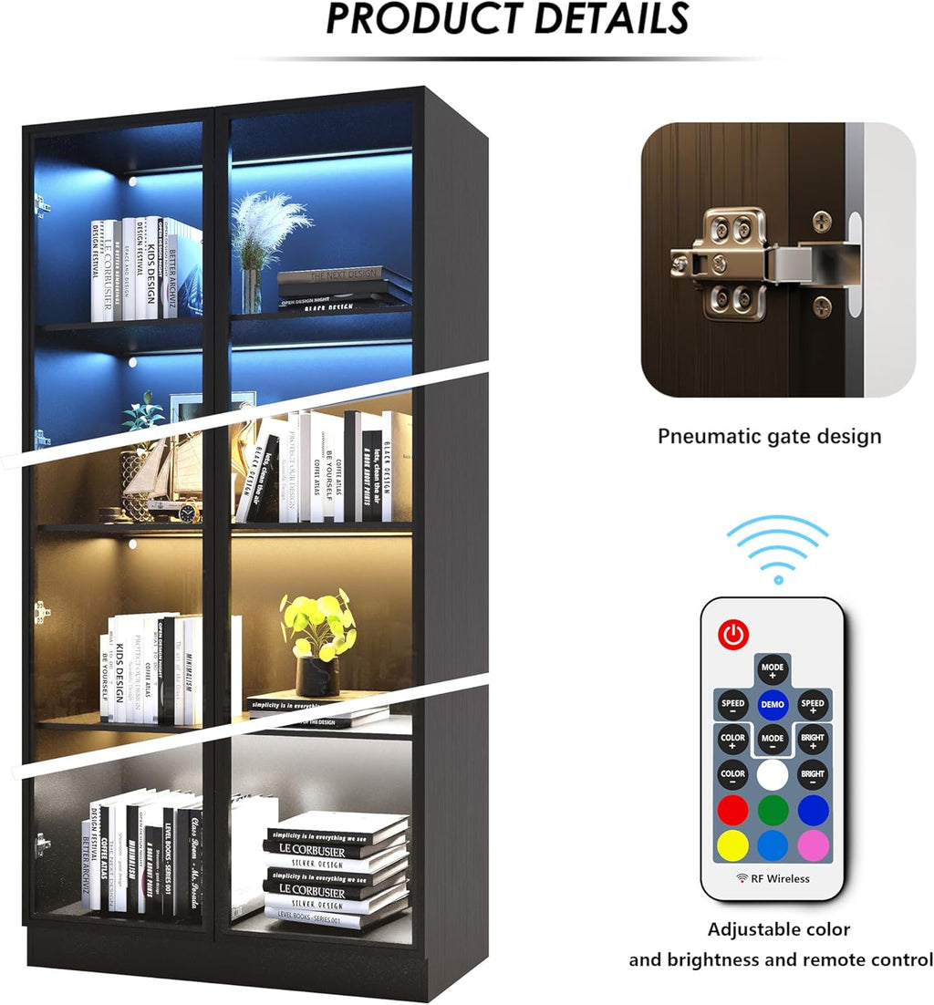 Wooden Display Storage Cabinet with Glass Door, LED Lights,Showcase for Collections, Perfume, Vinyl Albums, Bookcase for Home Office, Living Room, Clinic, Pantry (Black- 4 Layers)