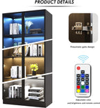 Wooden Display Storage Cabinet with Glass Door, LED Lights,Showcase for Collections, Perfume, Vinyl Albums, Bookcase for Home Office, Living Room, Clinic, Pantry (Black- 4 Layers)