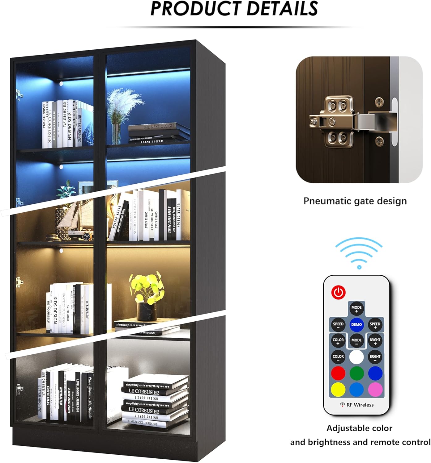 Wooden Display Storage Cabinet with Glass Door, LED Lights,Showcase for Collections, Perfume, Vinyl Albums, Bookcase for Home Office, Living Room, Clinic, Pantry (Black- 4 Layers)