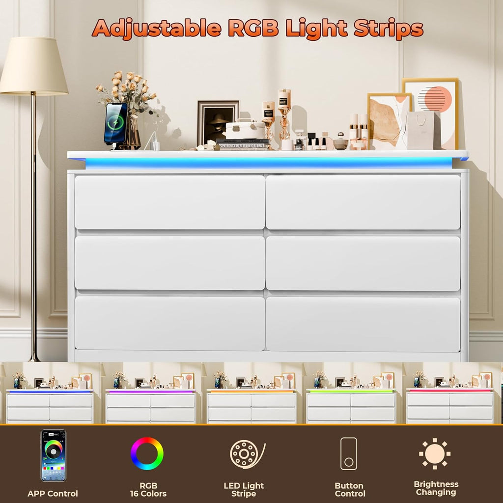 6 Drawer Dresser for Bedroom, 47.2" Long White Chest of Drawers with Charging Station & LED Lights,Curved Profile Design,Double Wooden Closet Storage Cabinet,Modern Dresser TV Stand with Deep Drawers