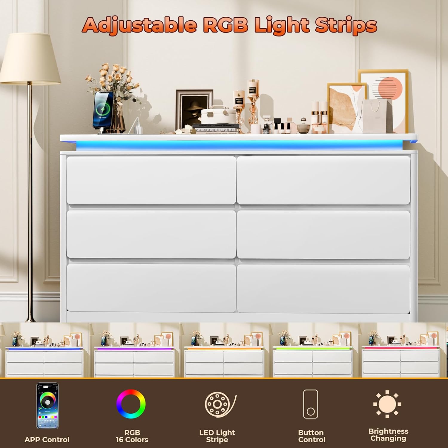 6 Drawer Dresser for Bedroom, 47.2" Long White Chest of Drawers with Charging Station & LED Lights,Curved Profile Design,Double Wooden Closet Storage Cabinet,Modern Dresser TV Stand with Deep Drawers