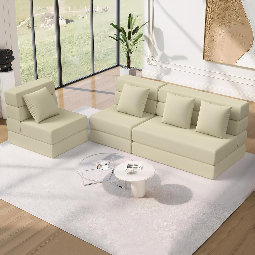 Folding Sofa Bed, Convertible Sleeper Chair & Couch Bed with Pillow, One-Piece High-Density Sponge Mattress, Multi-Purpose Floor Sofa for Living Room, Office, Dorm, Apartment, Beige, Single