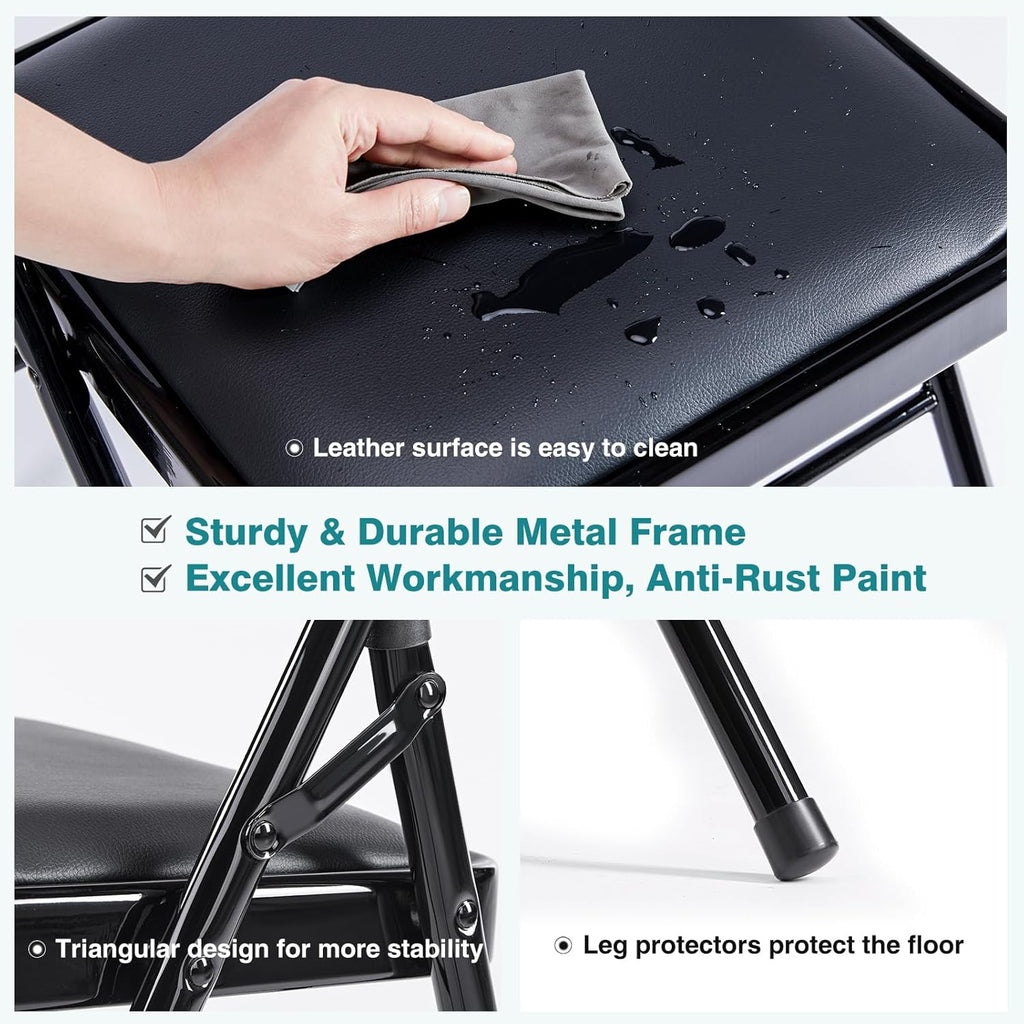 DUMOS 4 Pack PU Leather Padded Folding Chair, Indoor Outdoor Portable Stackable Seat with Steel Frame, for Home, Office, Party, Dining, Black