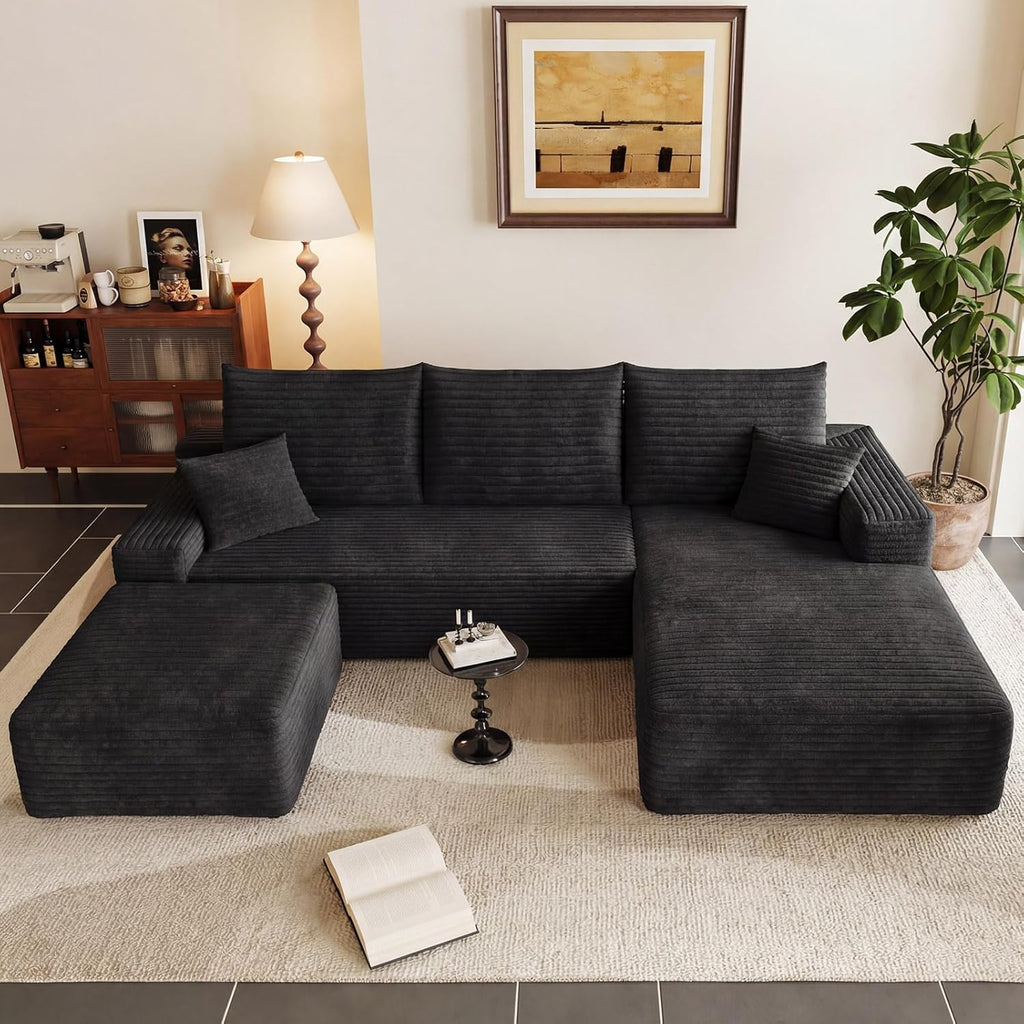95" U-Shape Cloud Couch, Modern Modular Sectional L-Shape Sofa with Ottoman, Corduroy Upholstered Couches Deep Seat Sleeper Chaise Longue for Living Room, No Assembly Required(Black, Right Facing)