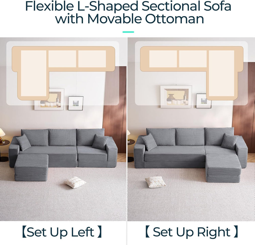 LINSY HOME Oversized Convertible Sofa Bed with 2 Pillows & Ottoman, Corduroy Boneless Couch Folding Modular Sleeper Sofa, L Shaped Couch Floor Sofa for Living Room Apartment, Upgrade Backrest (Grey)