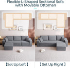 LINSY HOME Oversized Convertible Sofa Bed with 2 Pillows & Ottoman, Corduroy Boneless Couch Folding Modular Sleeper Sofa, L Shaped Couch Floor Sofa for Living Room Apartment, Upgrade Backrest (Grey)