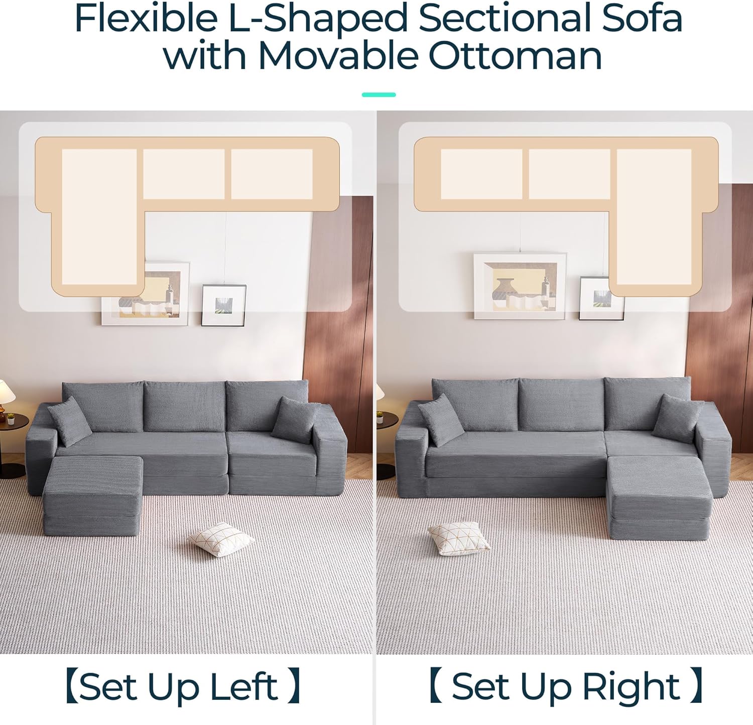 LINSY HOME Oversized Convertible Sofa Bed with 2 Pillows & Ottoman, Corduroy Boneless Couch Folding Modular Sleeper Sofa, L Shaped Couch Floor Sofa for Living Room Apartment, Upgrade Backrest (Grey)