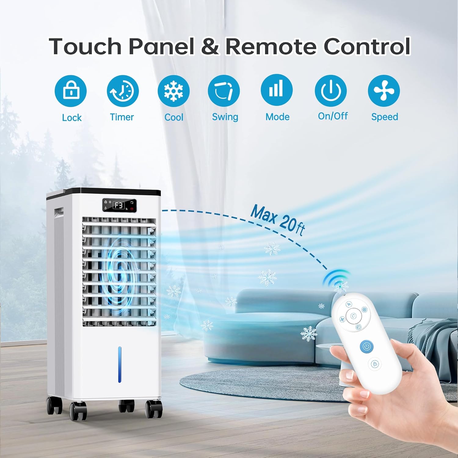 Feculs Portable Air Conditioners No Windows Needed, 3-IN-1 Swamp Cooler, Evaporative Air Cooler, 4 Modes & 3 Speeds, 2-Gal Water Tank for Long Cooling, Max 20 FT/S Remote Control, 12 Hours Timer