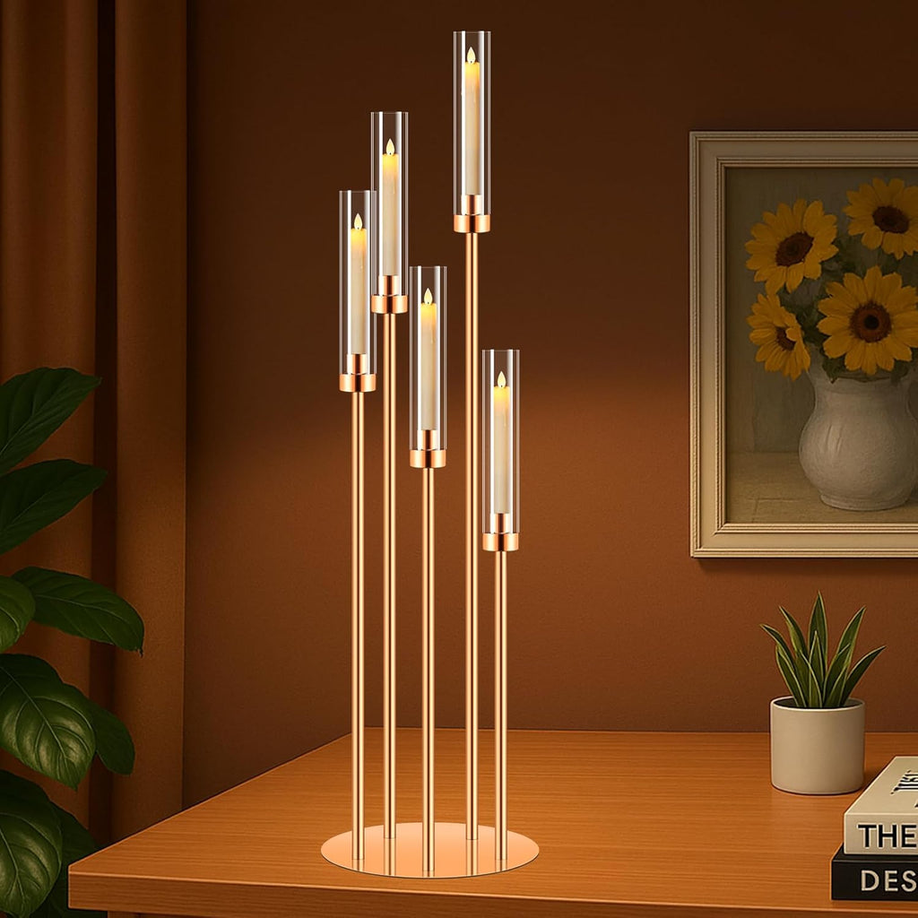 10 Set 5 Arm Golden Candle Holder with Acrylic Lampshade, 41.3'' Tall Candlesticks Holder for Christmas Wedding Housewarming Gift,Metal Candle Holders Candlestick Centerpiece,Fit 0.87'' LED Candle