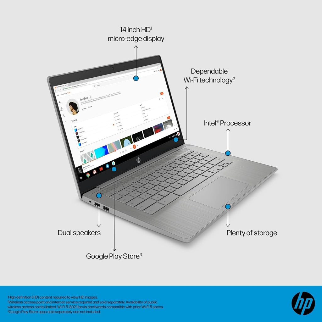 HP Chromebook 14 Laptop (14" Anti-glare  Intel 4-Core Celeron N4120  4GB RAM  128GB Storage (64GB+64GB SD)) for Home & Student  Lightweight  14-Hr Battery Life  Webcam  Wi-Fi  IST HUB  Chrome OS  Grey