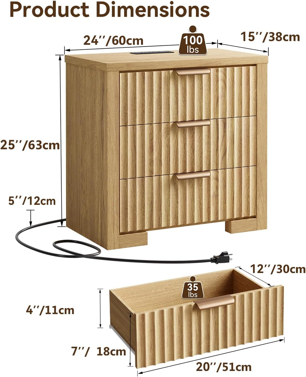24" Fluted Night Stand Set of 2, Large Bedside Table with 3 Drawers, Modern Nightstand with Charger Station for Bedroom Home Office, Natural Oak