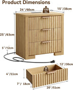24" Fluted Night Stand Set of 2, Large Bedside Table with 3 Drawers, Modern Nightstand with Charger Station for Bedroom Home Office, Natural Oak