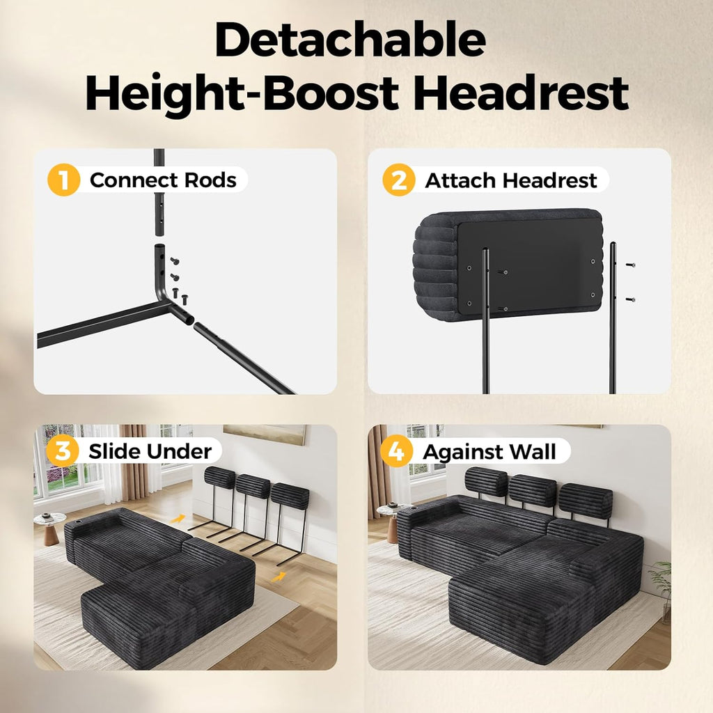 CAMMOO Couch Headrest Extender, Ergonomic Neck & Head Support for Legless Low Back Sofa, Sturdy Fixed-Height Metal Frame Sofa Backrest Extender, Fits Boneless Couch Under 28.5" (3 Pack, Grey)