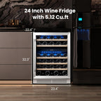 Yeego 24 Inch Wine Fridge Cooler - 52 Bottles Dual Zone Wine Cooler with Glass Door, 40-65℉ Built-In or Freestanding Refrigerator, Under Counter Wine Fridge for Kitchen Bar Office (Left-Hinged)