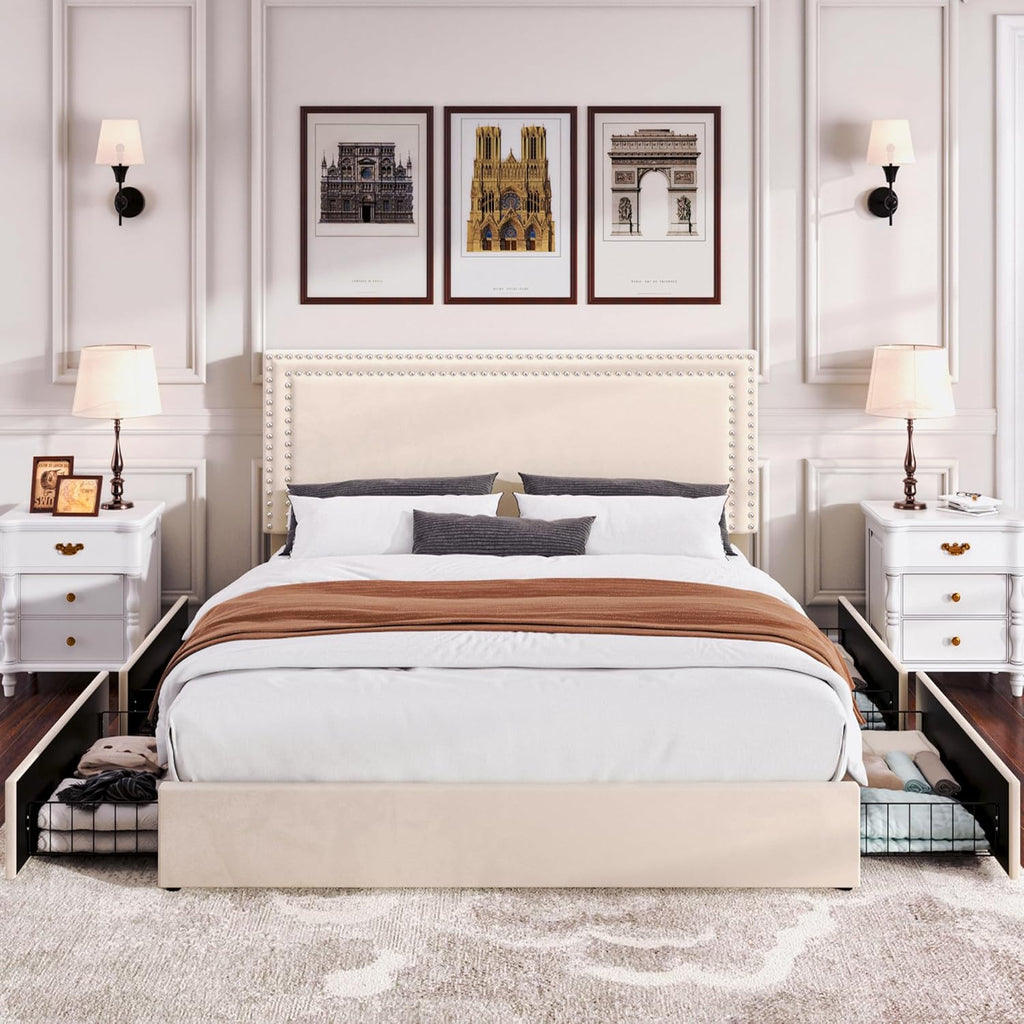 VECELO King Size Upholstered Platform Bed Frame with 4 Storage Drawers, Adjustable Velvet Rivet Decor Headboard, Wooden Slats Support, No Box Spring Needed, Easy Assembly