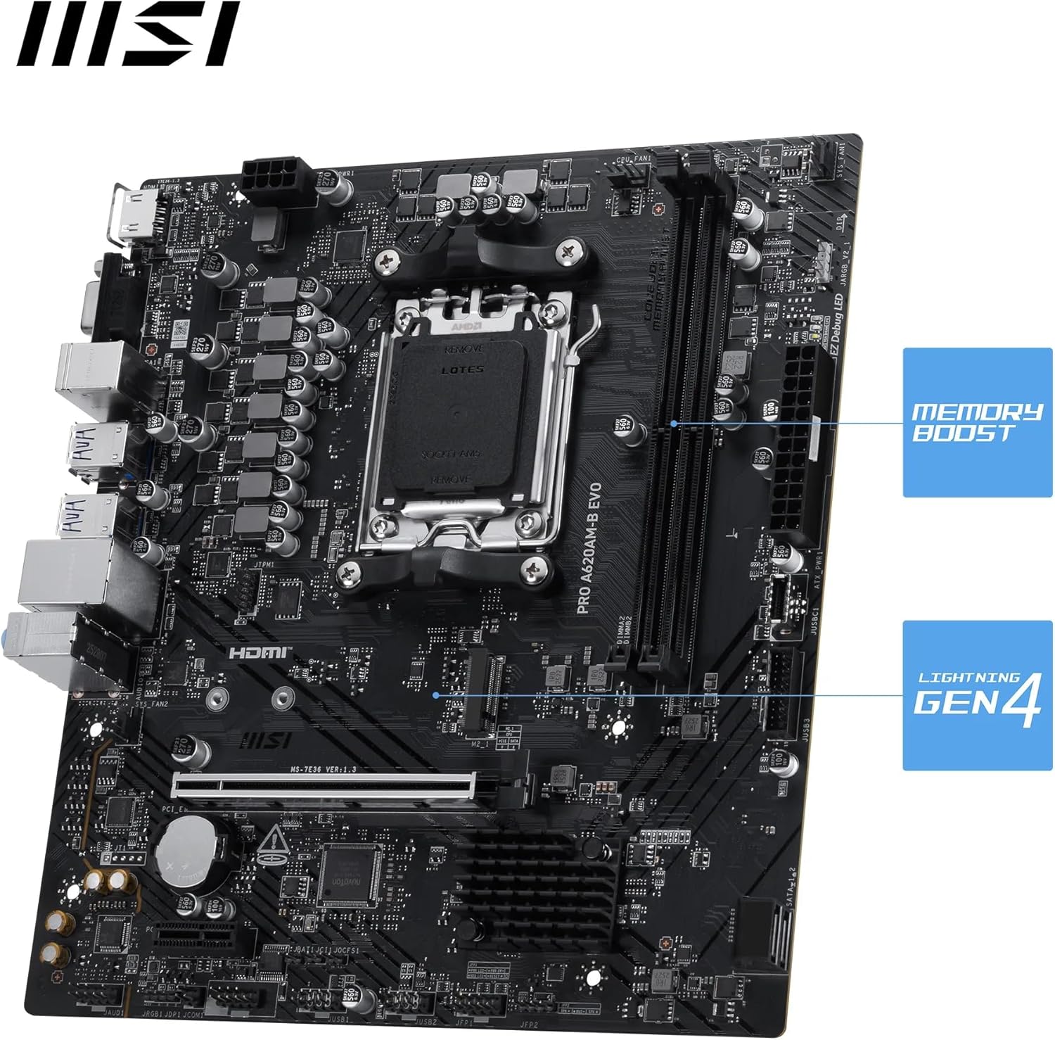 MSI PRO A620AM-B EVO Motherboard, Micro-ATX - Supports AMD Ryzen 9000/8000 / 7000 Processors, AM5 - DDR5 Memory Boost (6800+ MT/s OC), 1 x PCIe 4.0 x16, 1 x M.2 Gen4
