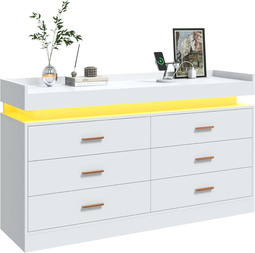 6 Drawer Dresser with Charging Station and LED Lights, Modern Chest of Drawers with Power Outlet, Organizer Cabinet for Bedroom, Living Room, White