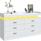 6 Drawer Dresser with Charging Station and LED Lights, Modern Chest of Drawers with Power Outlet, Organizer Cabinet for Bedroom, Living Room, White