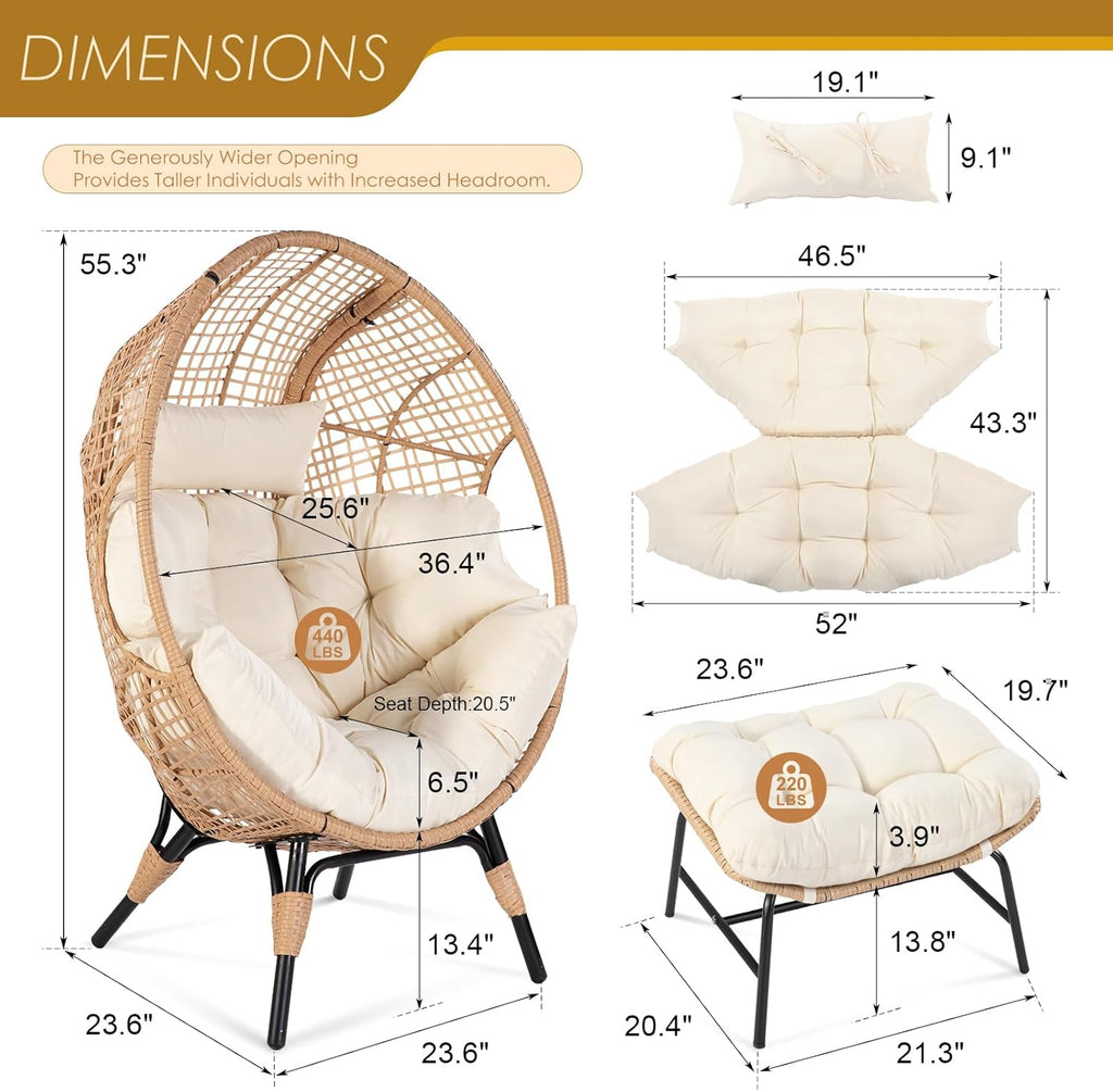 NICESOUL Wicker Egg Chair with Ottoman  Indoor Outdoor Egg Basket Lounge Chair w/Cushion  Oversized Egg Seat with Legs 440 Lbs  Comfy Cozy Boho Style Nest Chair w/Footrest for Patio  Balcony  Beige