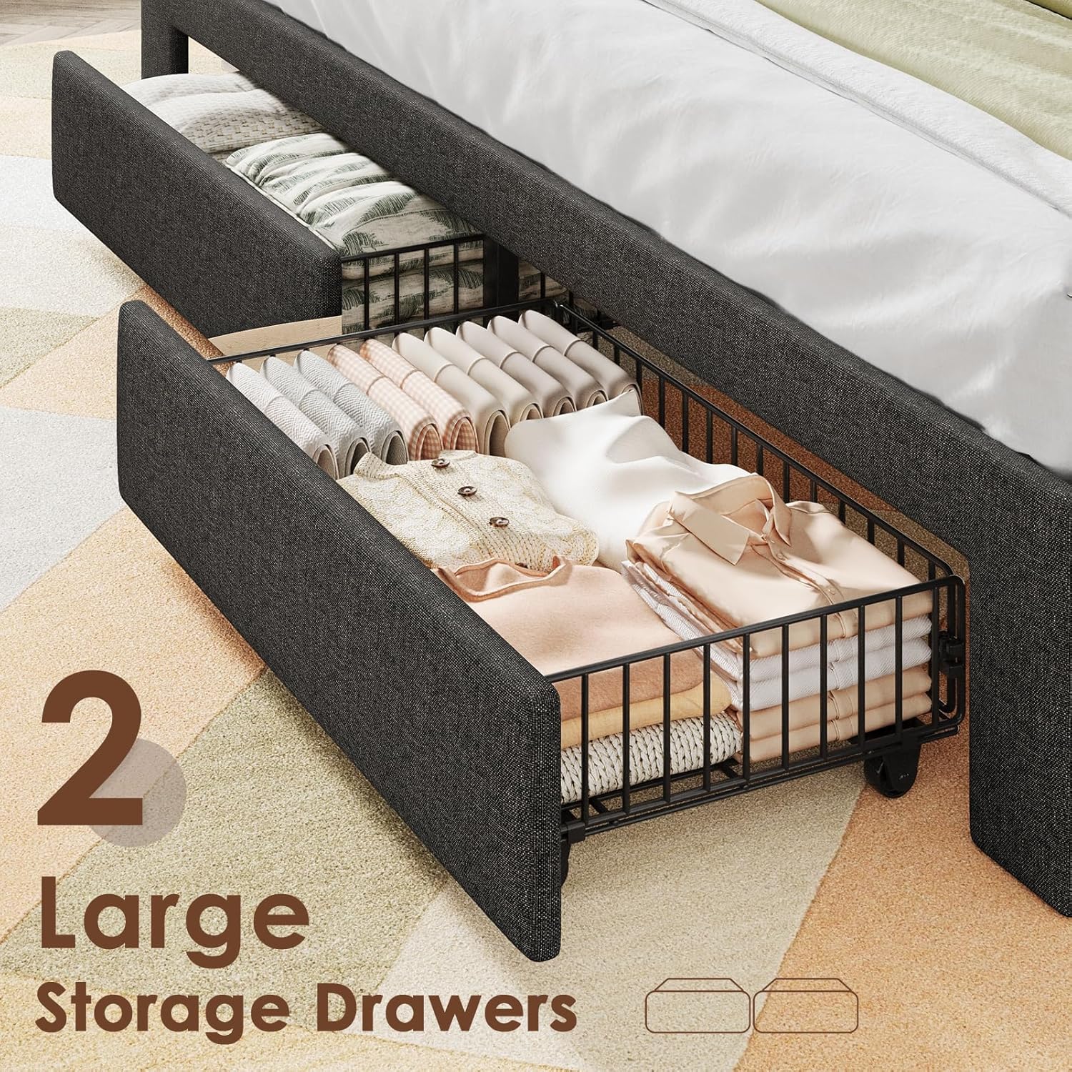 King Size Bed Frame with 2-Tier Storage Headboard, Upholstered King Bed Frame with 2 Drawers, Charging Station and LED Lights, No Box Spring Needed, Easy Assembly - Dark Grey