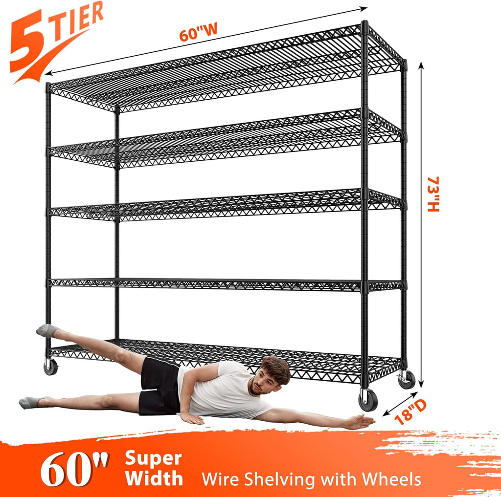 3200LBS Storage Shelves Wire Shelving with Wheels,Adjustable Garage Shelving Heavy Duty Steel Metal Shelving Unit Shelf Rack for Warehouses,Garage,Kitchen,School,Commercial,73" H X 60”W X 18" D
