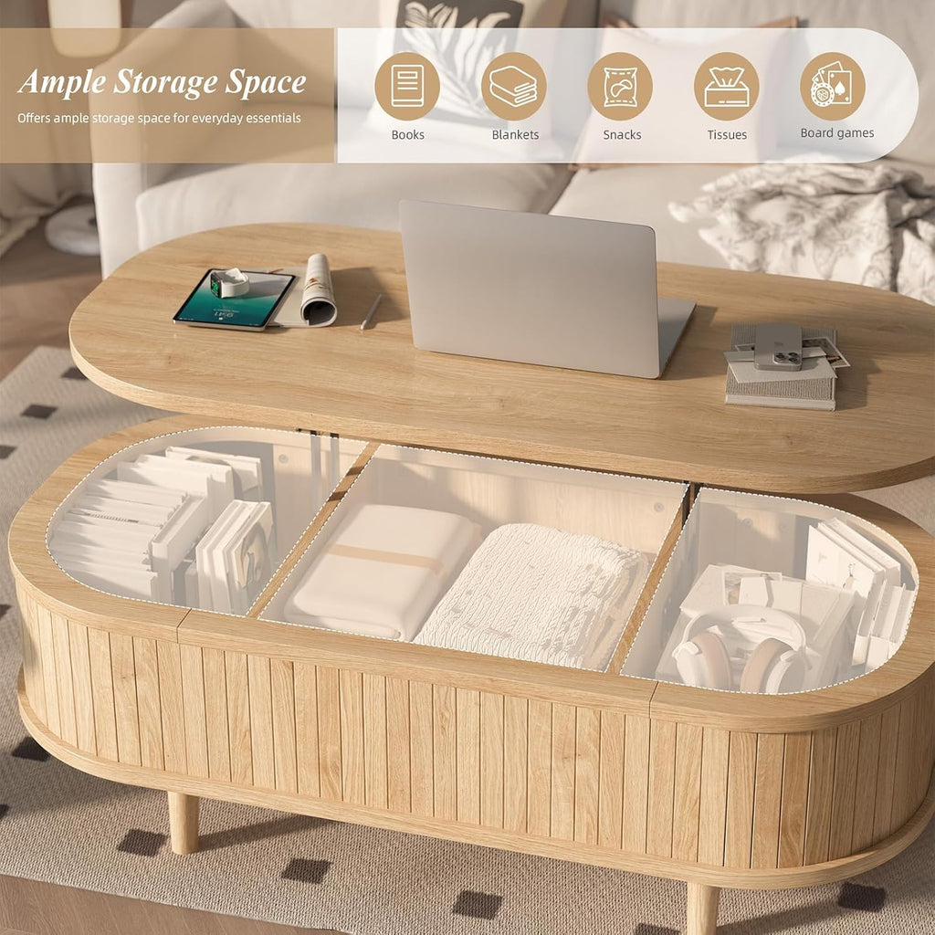 Easyego Oval Lift Top Coffee Table with Storage, 40" Fluted Modern Hidden Compartment Center Table for Living Room, Small Space Apartment, Home Office Desk, Natural