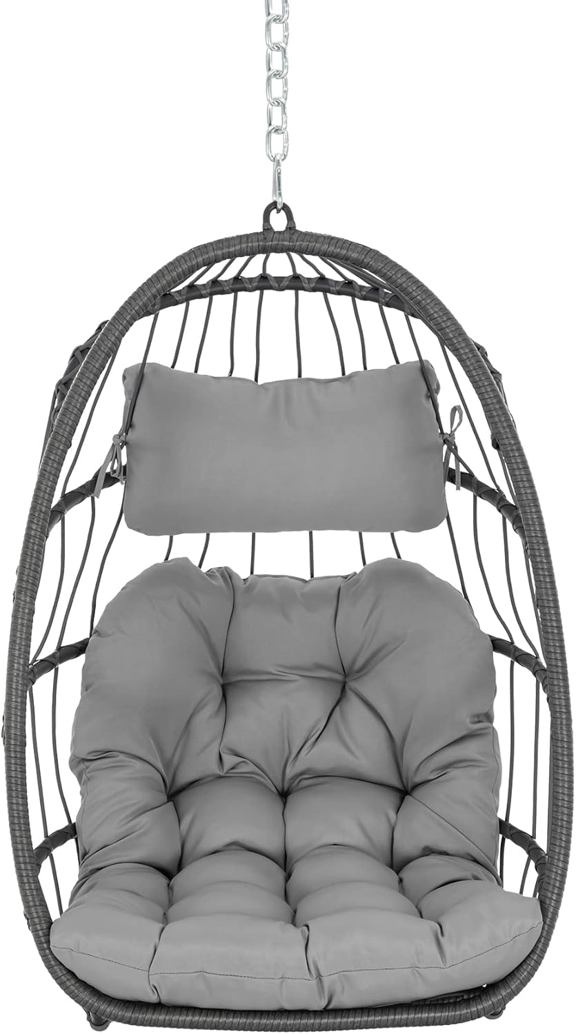 Yechen Swing Egg Chair Without Stand Indoor Outdoor, Foldable Wicker Rattan Hanging Egg Chairs Hammock Egg Basket Chair with Aluminum Frame & UV Resistant Cushions for Bedroom Patio Porch