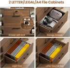 SEDETA 44" File Cabinet, Filing Cabinet fits Legal/Letter Size, 2 Drawer File Cabinets for Home Office with Lock, Power Strip, 6 Storage Shelves, Walnut Brown