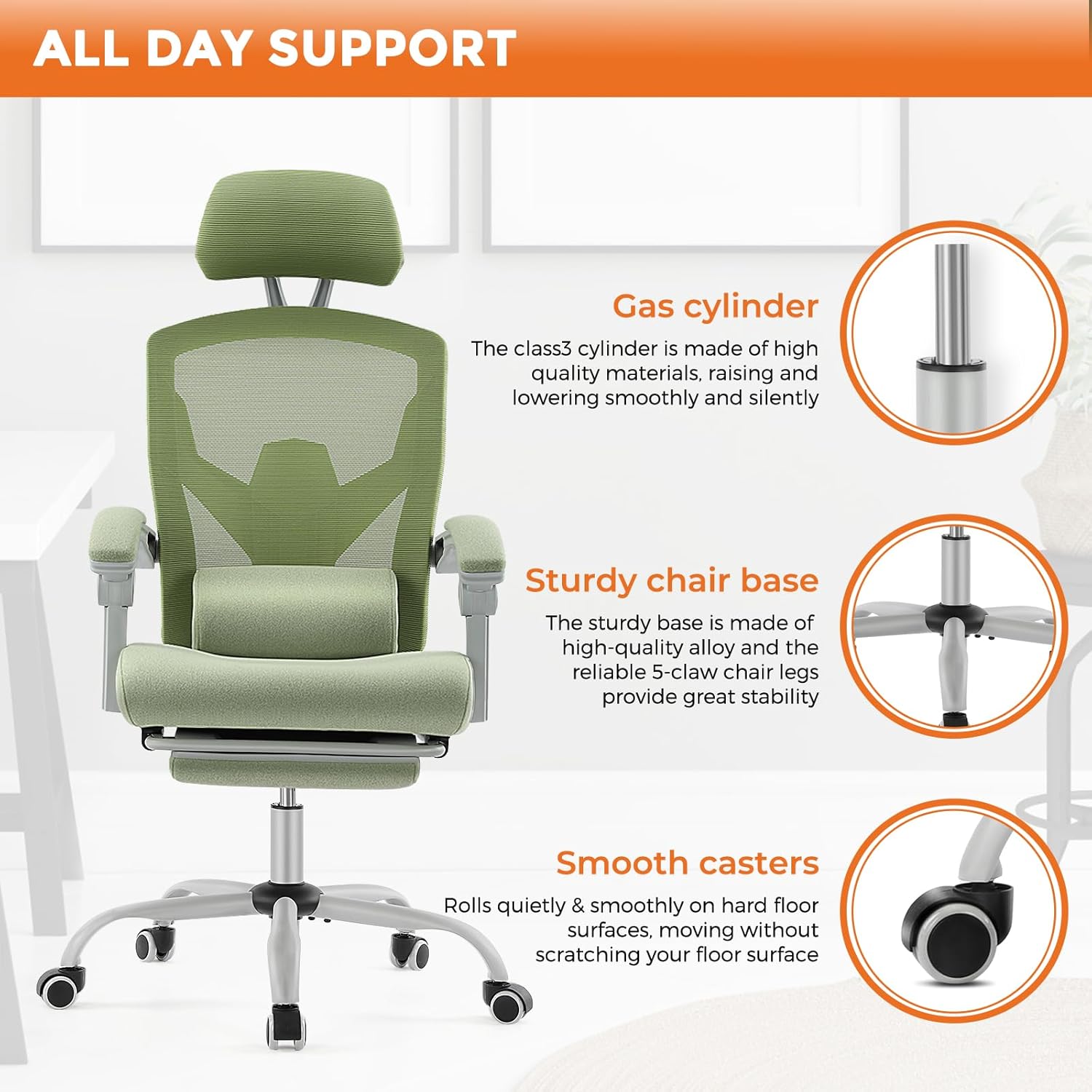 Sweetcrispy Office Computer Desk Chair, Ergonomic High-Back Mesh Rolling Work Swivel Chairs with Wheels, Comfortable Lumbar Support, Comfy Arms for Home, Bedroom, Study, Student, Green