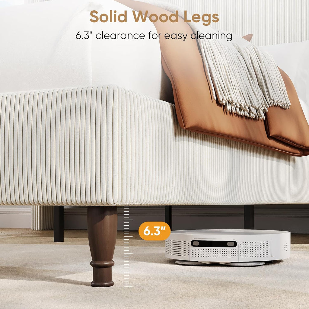 Queen Bed Frame with Tall Headboard, 55.3" Upholstered Platform Queen Size Bed Frame, Elegant Corduroy Wingback Bed with LED Lights & Charging Station, No Box Spring Needed, Solid Wood Slats, Cream