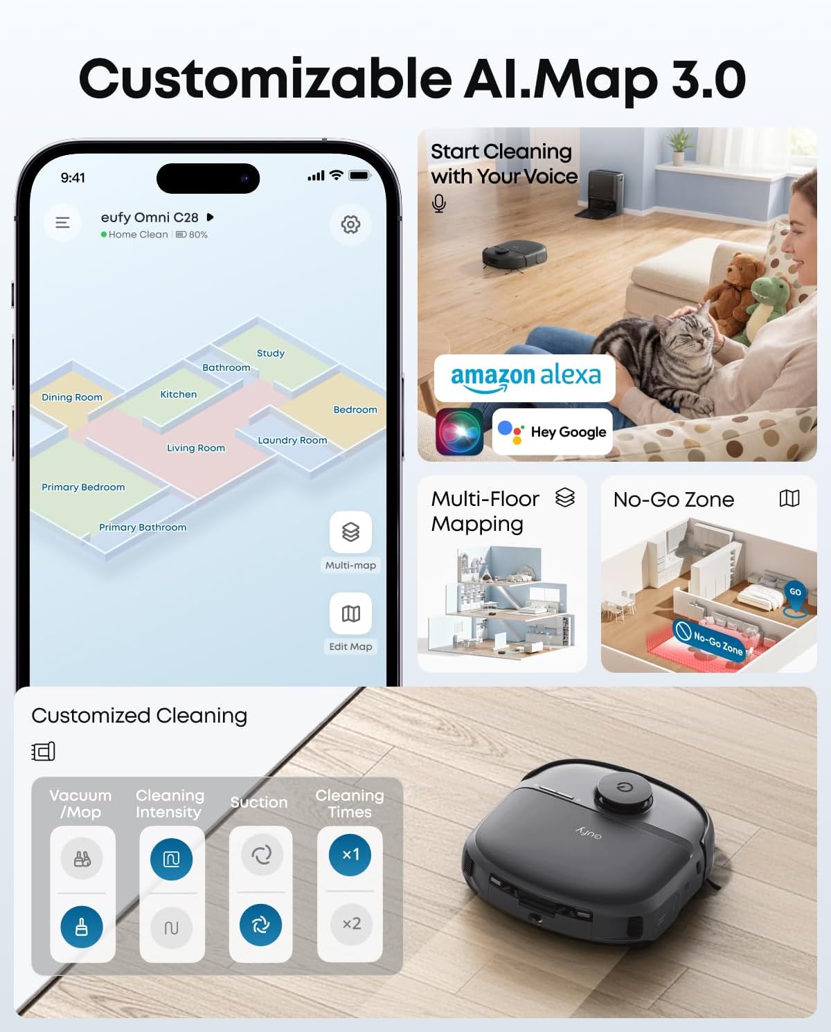eufy Robot Vacuum C28 for Pet Hair, 15,000 Pa Suction, HydroJet™ Self-Cleaning Roller Mop, DuoSpiral Anti-Tangle Brush, All-in-One Auto-Empty Station, AI Obstacle Avoidance