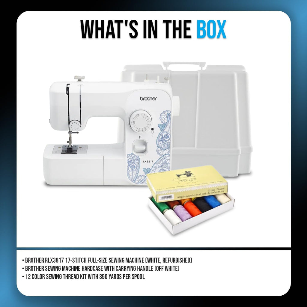Brother RLX3817 17-Stitch Full-Size Sewing Machine (White) Bundle with Hardcase and Sewing Thread Kit (3 Items) (Certified Renewed)
