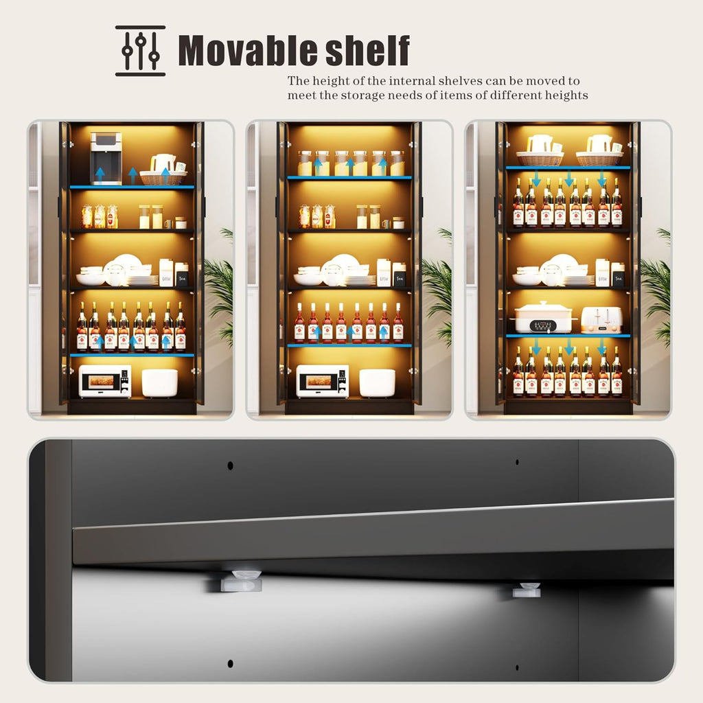 Display Cabinet with Doors and Adjustable Shelves, 65" Tall Bookcase with LED Lights/Human Sensor, 5 Tier Display Case for Collectibles Bedroom Living Room Office, Black