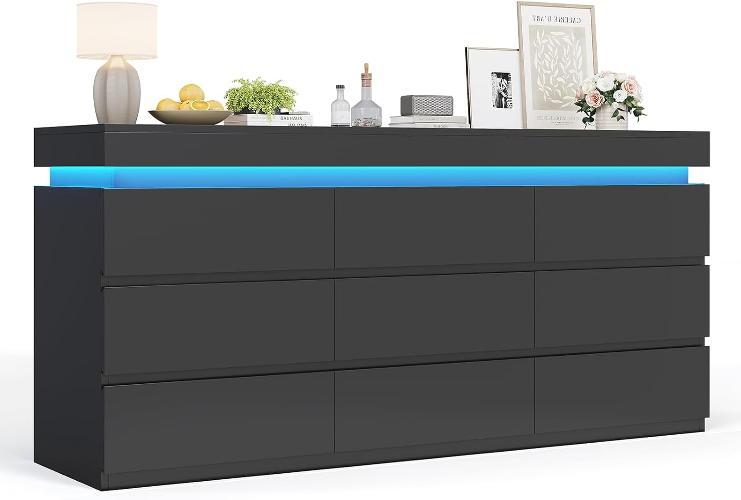 9 Drawer Dresser with LED Light, Black Modern Chest of Drawers for Bedroom,Long Dresser with Drawers for Living Room, Entryway, Hallway