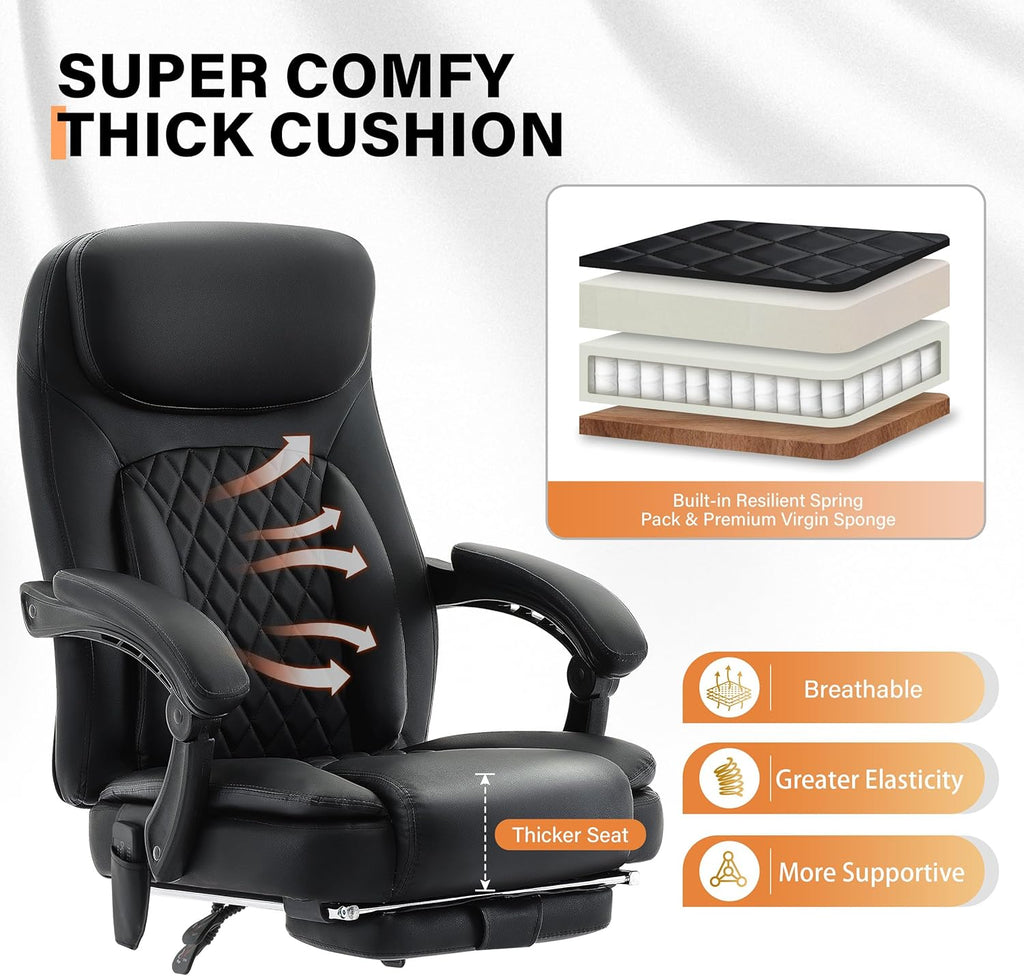 500LBS Massage Office Chair, 6 Points Vibration & Heat Executive Office Chairs, 135°Reclining Comfy Desk Chair with Foot Rest, Wider & Thicker Seat Cushion, PU Leather Big and Tall Gaming Chair, Black