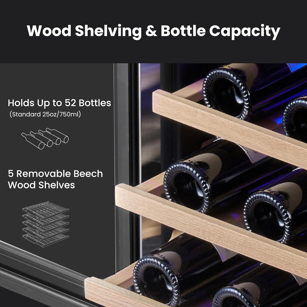 Yeego 24 Inch Wine Fridge Cooler - 52 Bottles Dual Zone Wine Cooler with Glass Door, 40-65℉ Built-In or Freestanding Refrigerator, Under Counter Wine Fridge for Kitchen Bar Office (Left-Hinged)