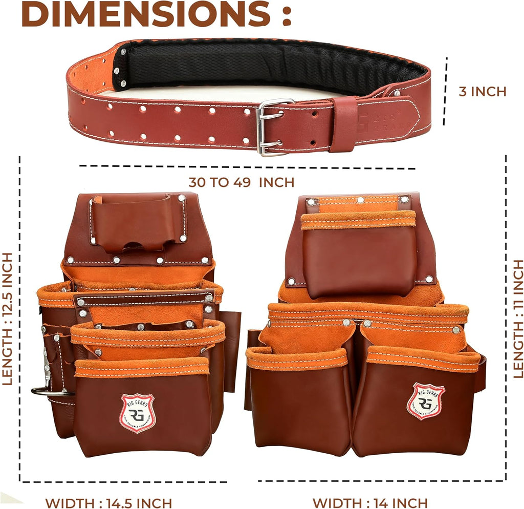 Leather Tool Belt with Adjustable Hook - Premium Heavy Duty Tool Belts for Men with 22 Multi-Purpose Pocket Tool Pouch (Maroon, Standard), RG-004