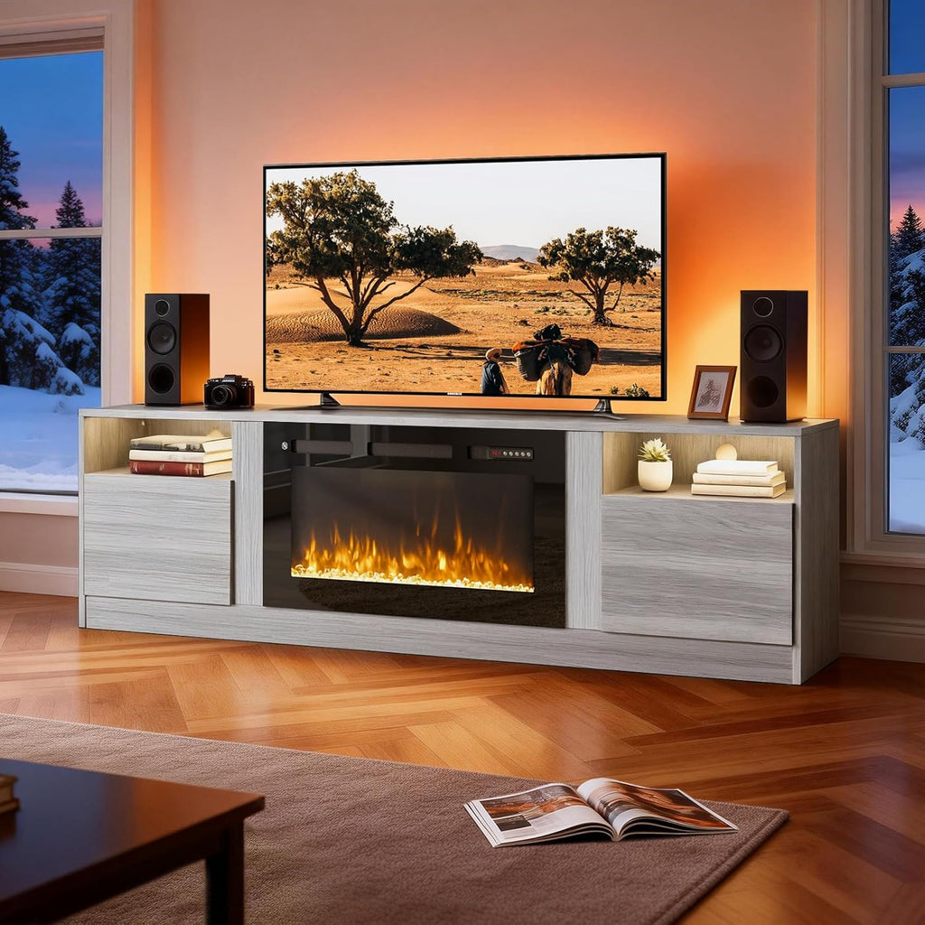 MXV Fireplace TV Stand with 36'' Electric Fireplace Up to 90" TVs, LED Light Entertainment Center, Modern Wood Texture Entertainment Stand with Highlight Storage Cabinet,Grey-Black