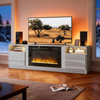 MXV Fireplace TV Stand with 36'' Electric Fireplace Up to 90" TVs, LED Light Entertainment Center, Modern Wood Texture Entertainment Stand with Highlight Storage Cabinet,Grey-Black