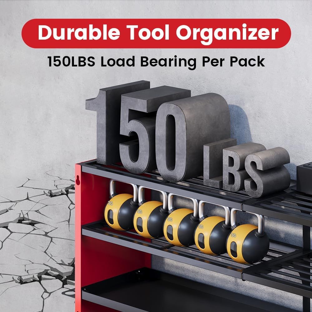 53" Power Tool Organizer Wall Mount with Power Strip, Heavy Duty Metal Tool Shelf, 400lbs Capacity for Cordless Drills, Batteries & Garage Storage (12 Slots with 8 Outlets Power Strip)