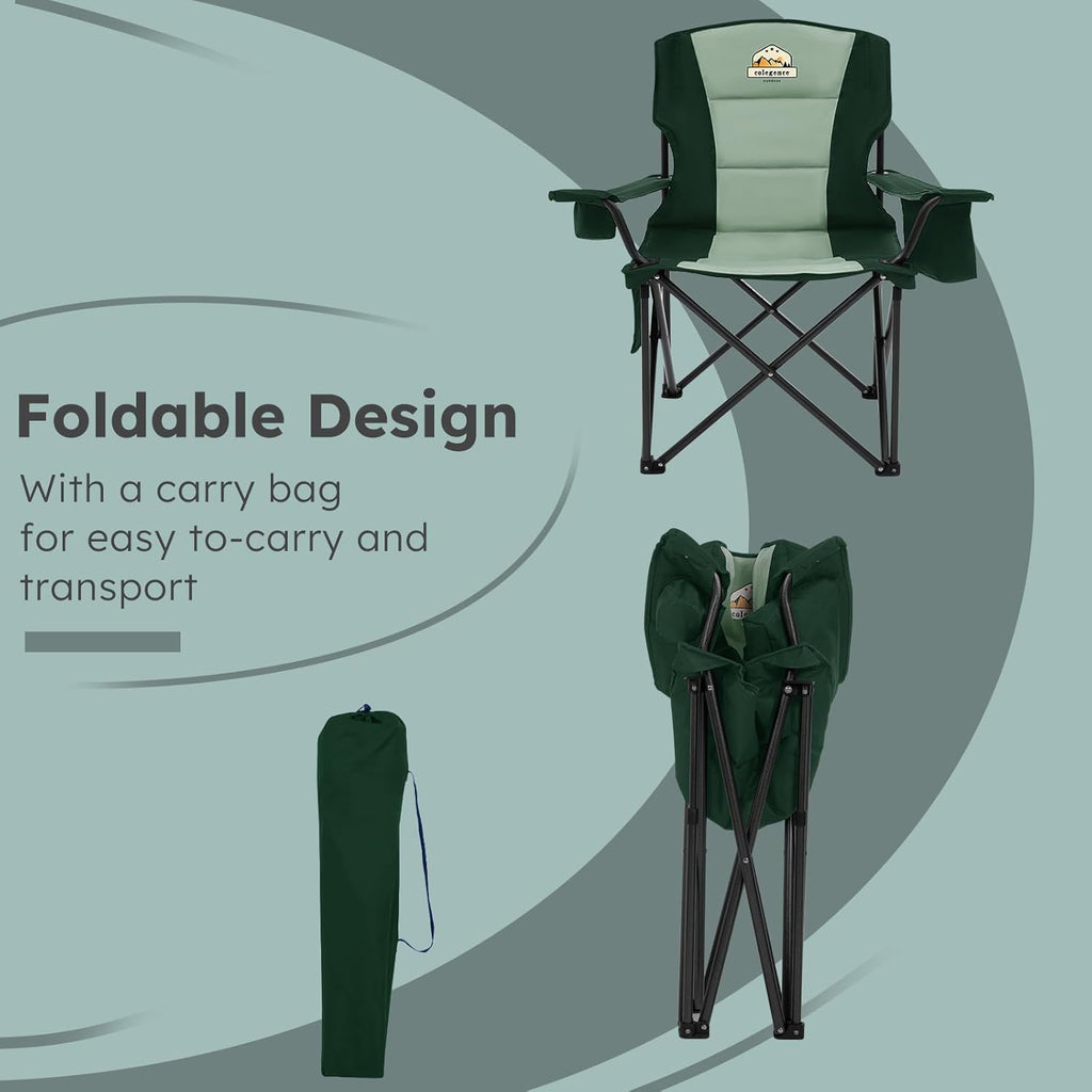 Colegence Heavy Duty Camping Chair for Adults, Oversized Heavy People Foldable Outside Camp Chairs Carry Bag Included, with Cooler Bag Cup Holder, Side Pocket for Lawn,Sport,Outdoor,Dark Green