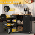 51.5'' Rolling Kitchen Island with Storage Cabinet & Drawers, Drop Leaf Kitchen Cart on Wheels, Farmhouse Portable Mobile Islands, Large Butcher Block Table with Tower/Spice Rack, Black