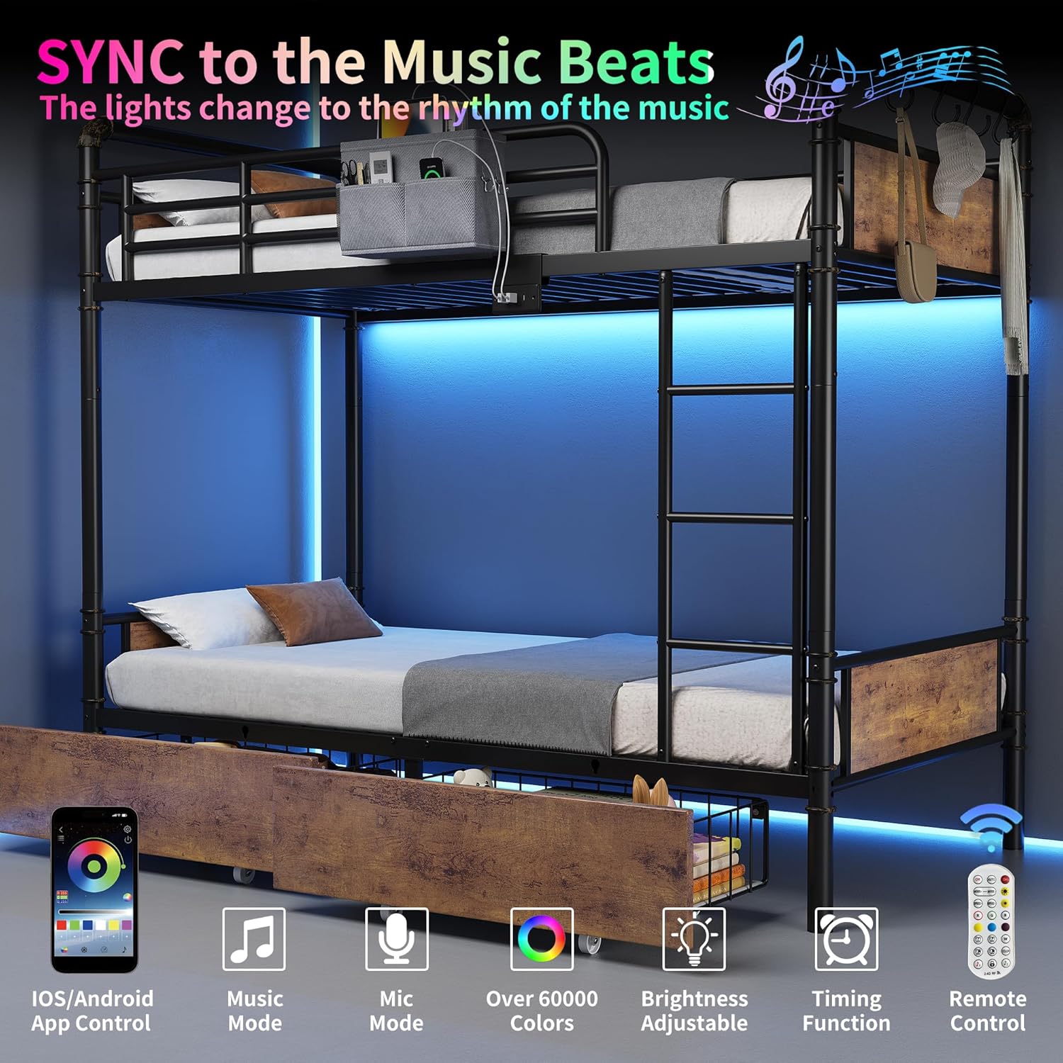 Metal LED Bunk Bed Twin Over Twin with 2 Storage Drawers, USB Charging Station, Industrial Bunkbeds Heavy Duty Bed with Safety Guardrail and Ladder, No Box Spring Needed, Vintage Brown