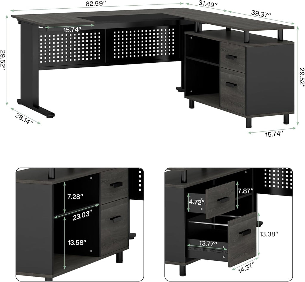 Tribesigns 63 Inch Executive Desk with File Cabinet, L Shaped Office Desk with Drawers and Storage Shelves, Business Furniture Set Workstation for Home Office, Gray and Black